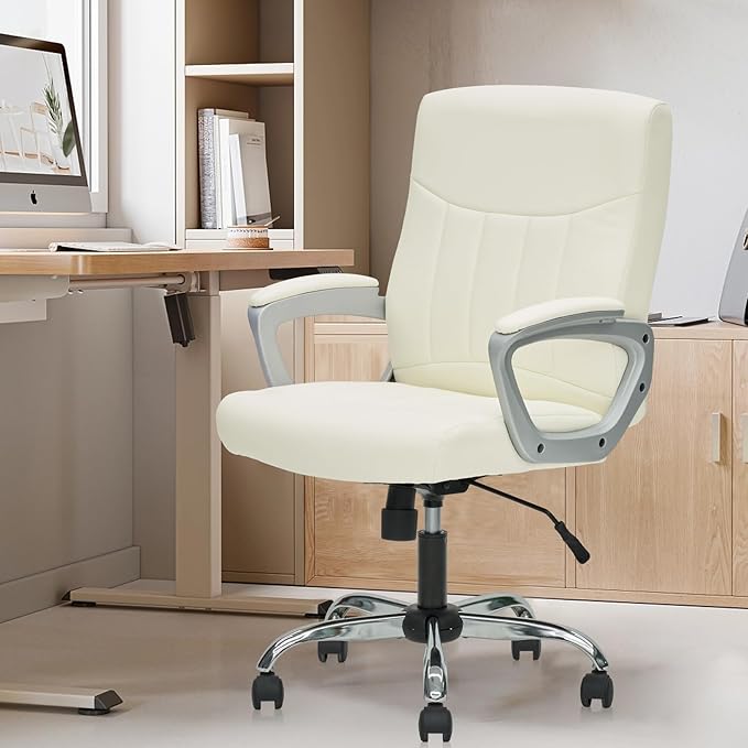 CLATINA Office Computer Desk Chair Executive Mid Back Ergonomic Managerial Chair with Lumbar Support Comfortable Adjustable PU Leather Home Office Chair Swivel, White 8PK-DeskLoop Office