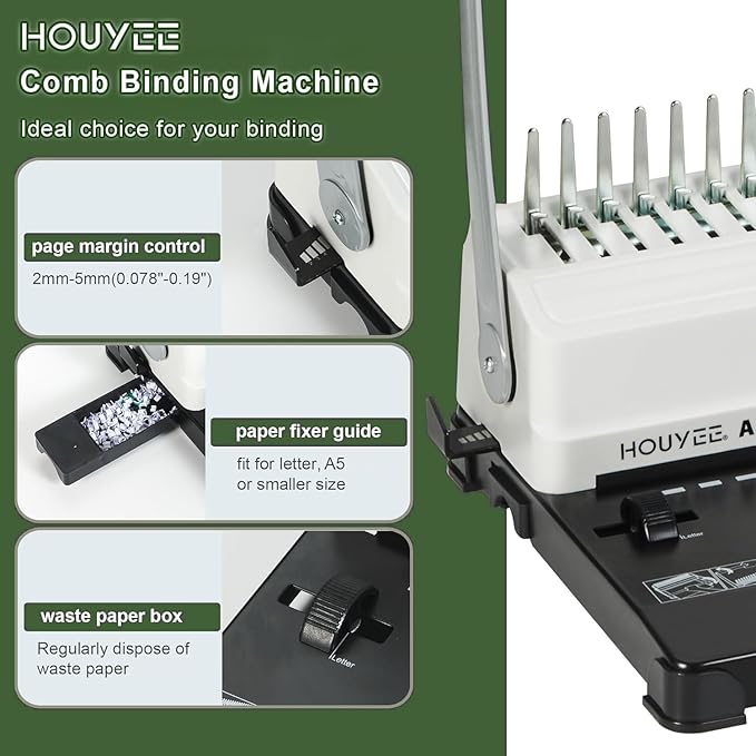 HOUYEE Manual Comb Binding Machine,19 Holes, 450 Sheets,Paper Punch Comb Binder Machine with 50 PCS 1/2" Comb Binding Spines, Fit for Letter Size Paper-DeskLoop Office