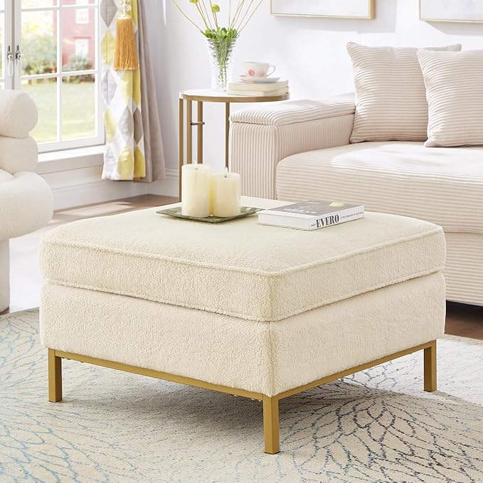 24KF Large Square Couch Ottoman for Living Room, Upholstered Teddy Fabric Padded Cushion Ottoman Table,Large Foot Rest,5088-Teddy Cream-DeskLoop Office