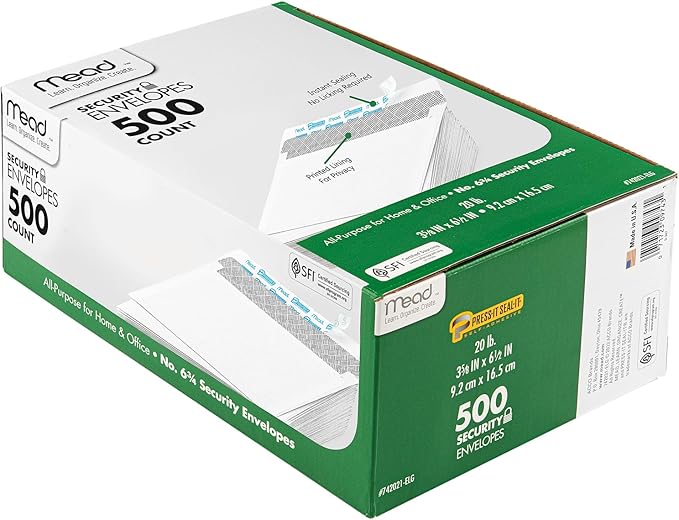Mead #6-3/4 Envelopes, 3-5/8" x 6-1/2", Security Printed Lining by Mead