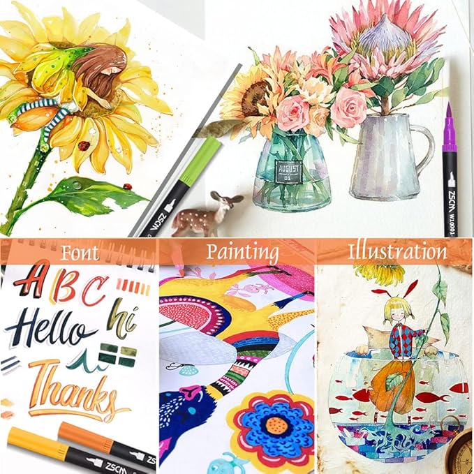 ZSCM 32 Colors Duo Tip Brush Markers Art Pen Set, Artist Fine and Brush Tip Colored Pens, for Adult Coloring Books Christmas Cards Drawing, Note taking Lettering Calligraphy Journaling-DeskLoop Office