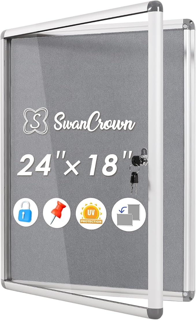SWANCROWN Enclosed Bulletin Board 24x18 in, Tamperproof Lockable Grey Felt Board Wall Display Case for Office School Home, Aluminum Frame-DeskLoop Office
