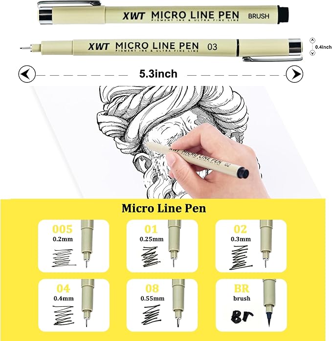 Micro Fineliner Pens 6 Size/Set, Ultra Fine Fineliner Pen, Brush Marker Pen, Water-based Black Pigment Ink, Drawing Journaling Doodle Supplies for Artists, Designers, Students-DeskLoop Office