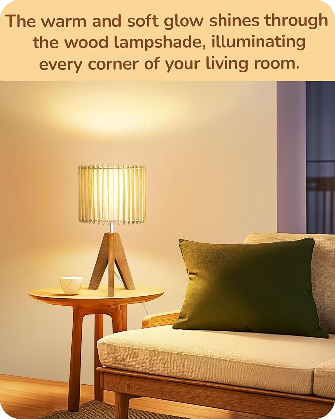 EDISHINE 14.17" Small Table Lamp, Wood Tripod Bedside Lamp, Natural - Image 7