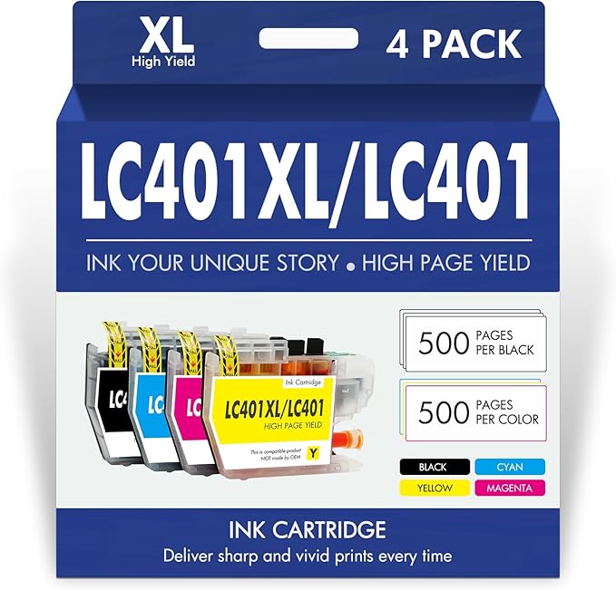 LC401XL LC401 MFC-J1010DW Ink Cartridges for Brother Printer LC 401 401XL for MFC-J1010DW MFC-J1170DW MFC-J1012DW MFC-J1800DW MFC J1010DW - 4 Pack High Yields Black Cyan Magenta Yellow-DeskLoop Office
