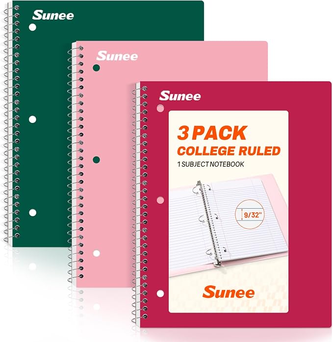 SUNEE Spiral Notebooks, 3 Pack, College Ruled Paper, 70 Sheets per Notebook by SUNEE
