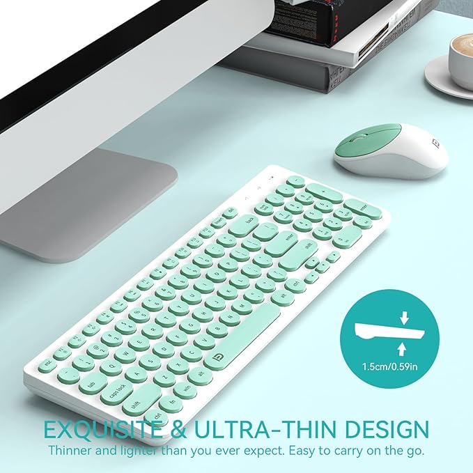 FD Wireless Keyboard and Mouse Combo - 2.4GHz USB Cordless, Cute Round Keys, Quiet and Slim Set for Laptop, Computer, TV, and Mac - Mint Green & White-DeskLoop Office