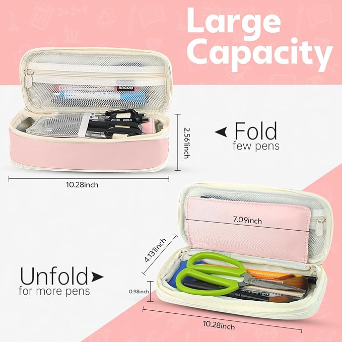 Pencil Case, Large Capacity Aesthetic Pencil Cases with Durable Zipper, Big Stationery Pencil Pouch for Women & Men, Adults Portable Storage Organizer Bag for College, office, Travel (Pink)-DeskLoop Office