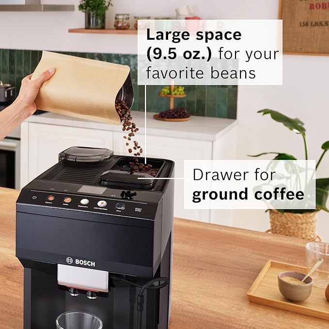 Bosch 500 Series Fully Automatic Espresso and Coffee Machine – Touch Control Panel, Milk Hose, Ceramic Grinder, Uses Beans & Ground Coffee, 9 One-Touch Drinks, in Black TPU40109-DeskLoop Office