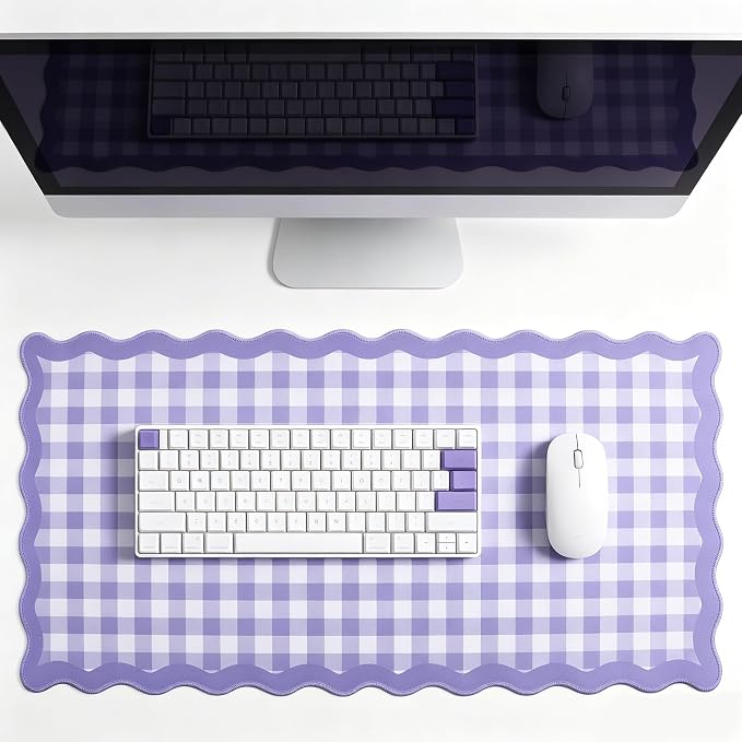 yuboo Scalloped Purple White Gingham Desk Mat, Grid Checkered Desktop Pad by yuboohomedecorations