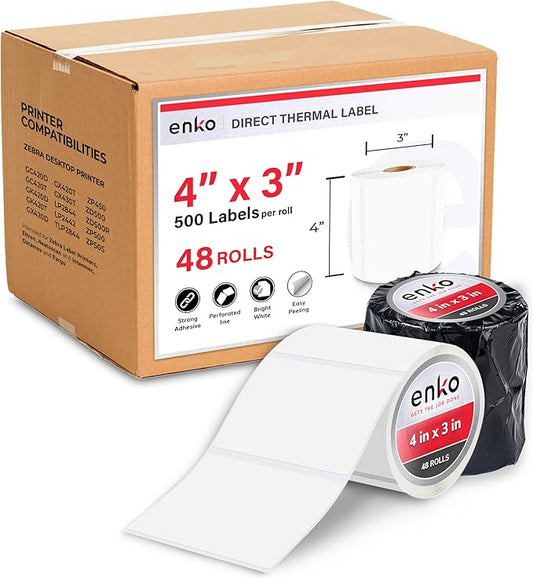 enKo 4" x 3" Labels for Zebra Desktop Printers (48 Rolls, 24,000 Labels) - Direct Thermal Address Mailing Shipping Barcode FBA Stickers FNSKU Labels for Zebra and Eltron (Perforated)-DeskLoop Office
