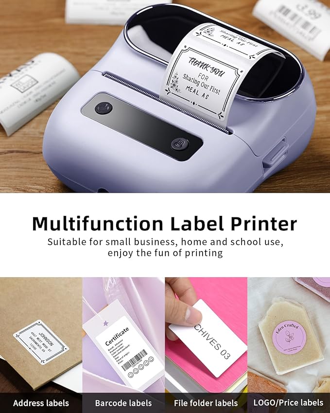 Phomemo M220 Label Maker, Bluetooth Thermal Label Maker Machine for Barcode, Address, Home, Mailing, Small Business,Clothing, Portable Wireless Printer with 1 Rolls Label, Purple-DeskLoop Office