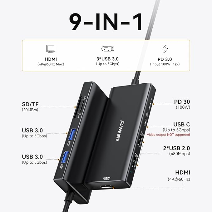 Hub Multiport Adapter for MacBook Pro/Air, 9 in 1 Accessories Mac USB C Dongle Dock Adapter with HDMI, SD/TF Card Reader, USB C Port, PD 100W and 4 USB for Dell XPS, Lenovo HP Laptops-DeskLoop Office