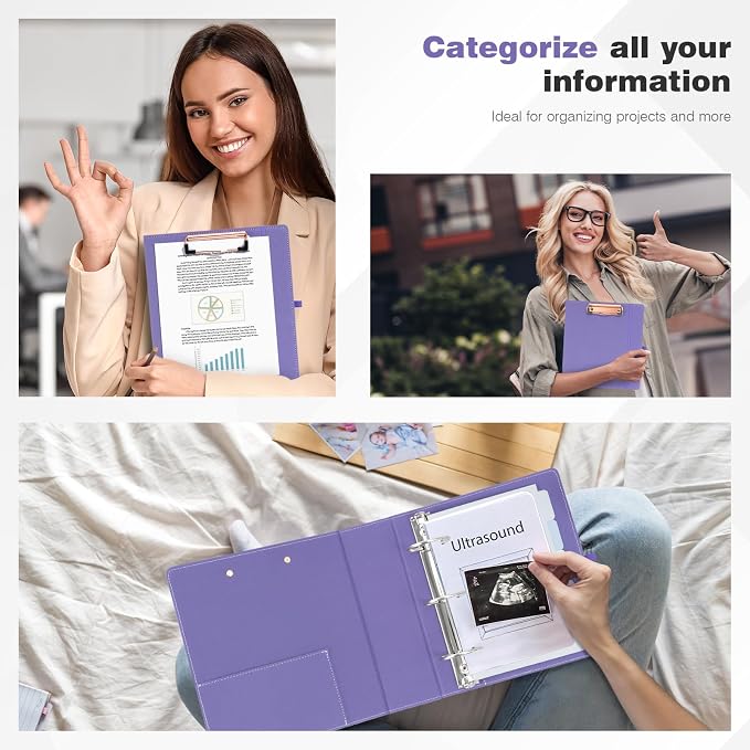 Ospelelf Mini 3 Ring Binder 2 inch Round Ring, 5.5 x 8.5 Purple Clipboard - Image 7
