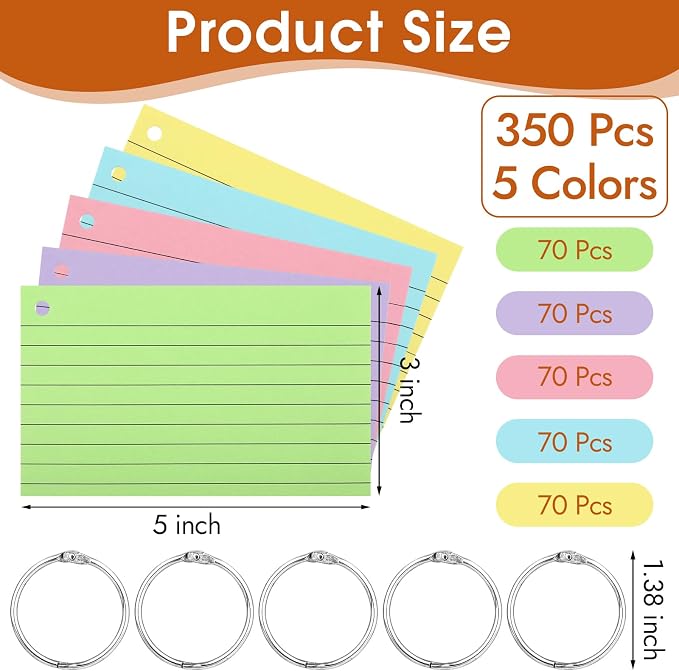350 Pcs Index Cards With Ring, 3x5 Inches Flash Cards With Rings，Colored Heavy - Image 2