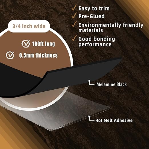 GSCIT Club Black Edge Banding, 3/4 inch x 100ft Melamine Edge Banding with Hot Melt Adhesive Preglued Cabinet Edge Banding Flexible Black Veneer Edging-DeskLoop Office