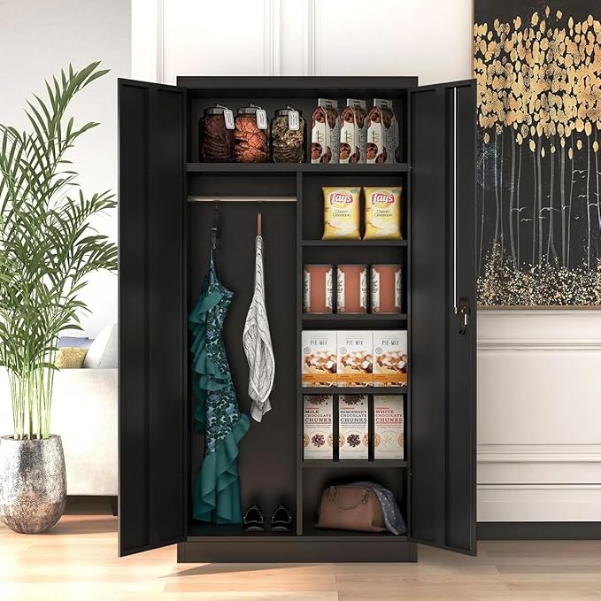 INTERGREAT Metal Storage Cabinet with Lock,Storage Wardrobe Cabinets with 4 Adjustable Shelves and Hanging Rod,Black Wardrobe Cabinet with Lockable Doors for Home Office,Warehouse,Garage-DeskLoop Office