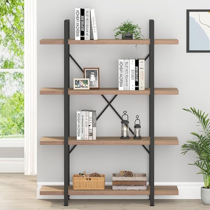 HSH Industrial 4 Tier Bookshelf, Modern Metal and Wood 4 Shelf Bookcase Etagere, Farmhouse Open Wide Display Storage Bookshelves and Bookcases Heavy Duty for Bedroom Living Room Office, Rustic Oak-DeskLoop Office