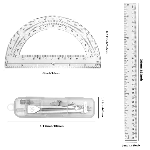 3 Packs Plastic 12 Inch Ruler, 6 Inch Clear Protractor and Compasses Set - Image 2