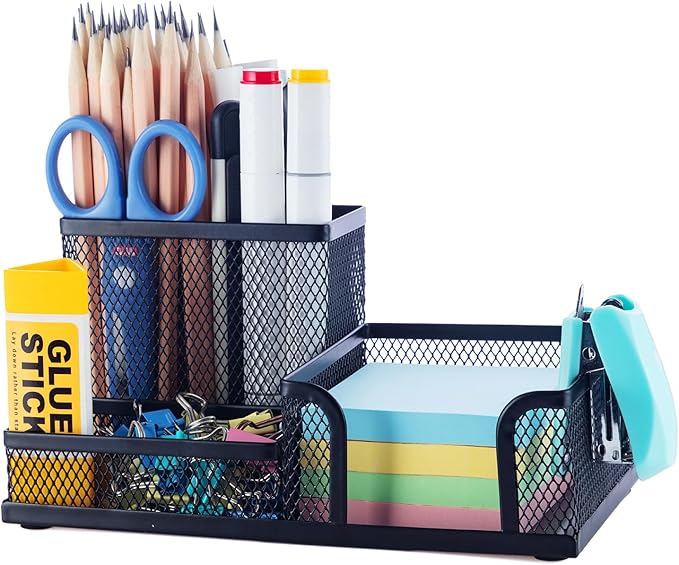 M&G Mesh Pen Holder Desk Organizers Pencil Holder for Desk Black, 3 Compartments Metal Office Supply Organizer with Sticky Notes Holder for School Home Office-DeskLoop Office