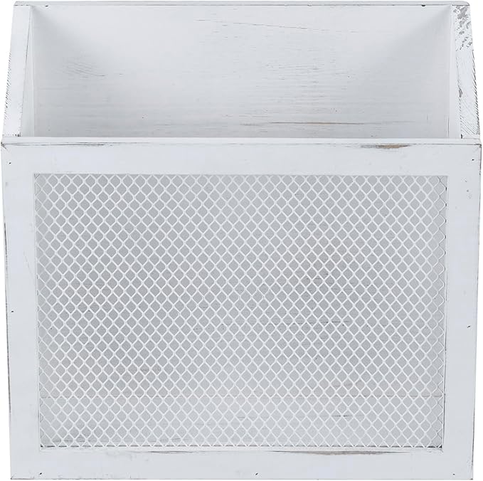 MyGift Rustic Magazine Holder Vintage White Wood and Chicken Wire Design Wall Mounted/Tabletop Mail Sorter, Farmhouse Home, Bathroom, Office Magazine Rack-DeskLoop Office