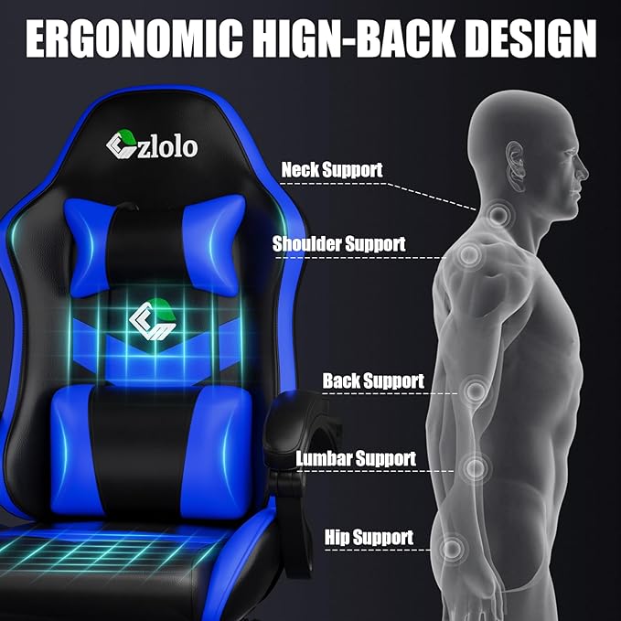 Gaming Chair, Ergonomic Office Computer Chair with Footrest and Lumbar Support Massager Racing Style High Back Video Gamer Chair, Wide＆Thick Cushion, 90°-135° Recline, Adjustable Height, Blue-DeskLoop Office