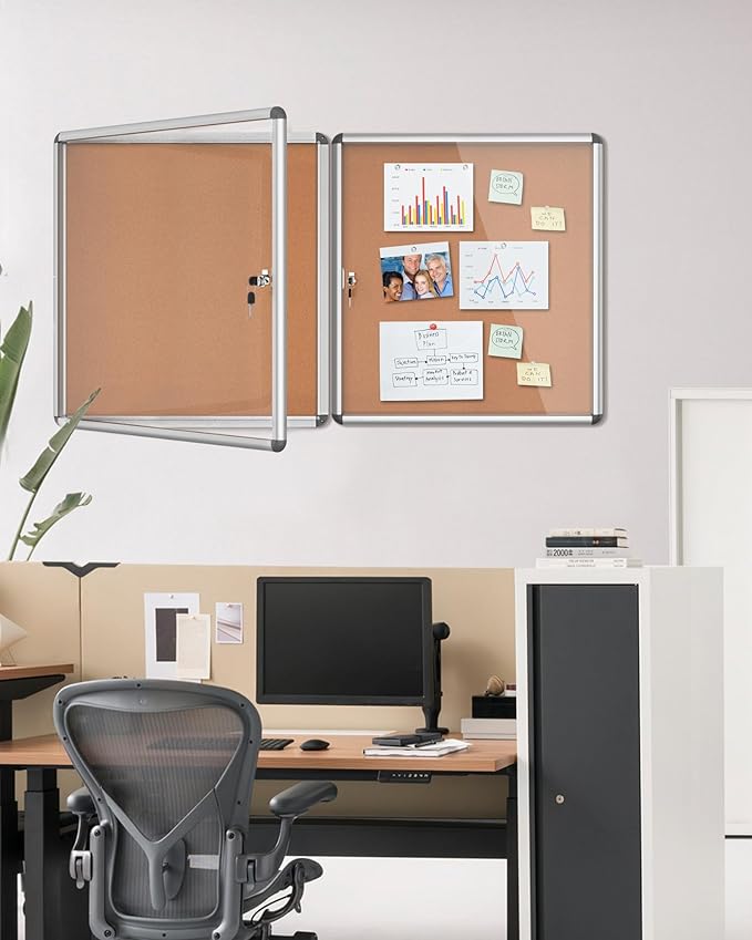 2 Pack 28"x26" Enclosed Bulletin Board, Lockable Weather-Resistant Aluminum Cork Noticeboard for School & Office, Silver Frame w/Cork-DeskLoop Office