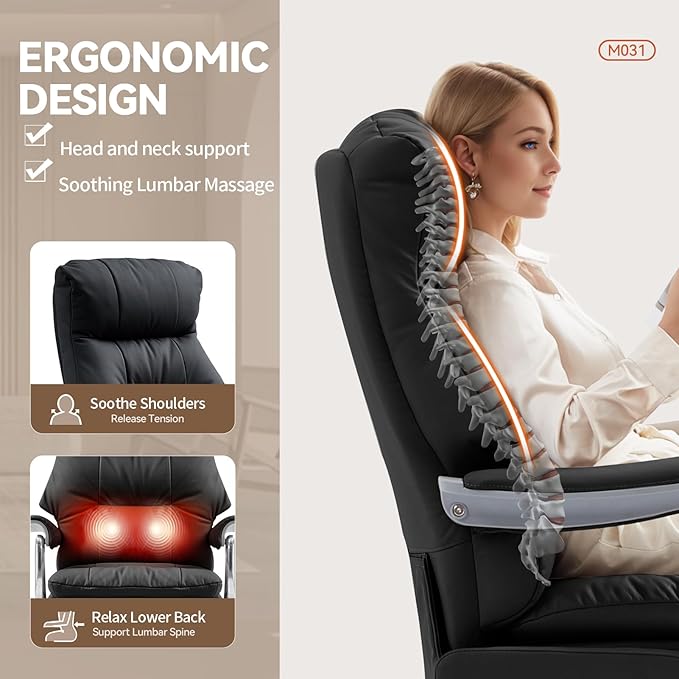 Dual Motor Electric Real Leather Executive Office Chair with Foot Rest, Comfortable Reclining Office Chair with Massage, Big and Tall High Back Comfy Ergonomic Home Office Desk Chairs 400lbs, Black-DeskLoop Office