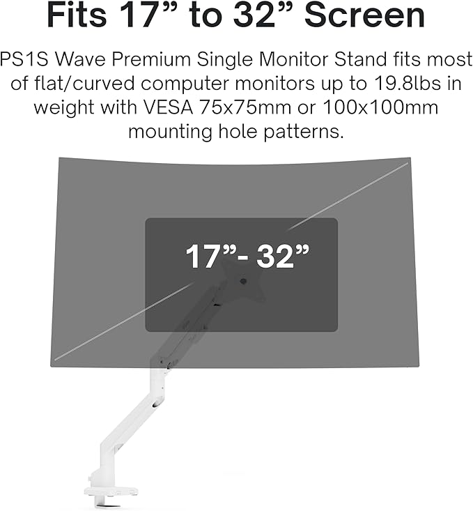 Pixio PS1S Wave White Single Monitor Arm Stand Desk Mount - Fits up to 32 inches Monitors and up to 19.8lbs. VESA Compatibility and Integrated Cable Management-DeskLoop Office