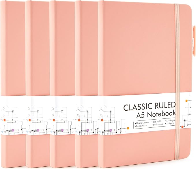 feela 5 Pack Notebooks Journals Bulk, Hardcover Classic Ruled Lined Journals with Pen Holder for Women Girls School Business Supplies, with 5 Black Pens, 120 GSM, 5.1”x8.3”, A5, Light Coral-DeskLoop Office