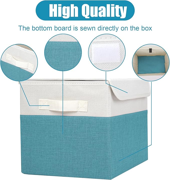 Large 22 Quart Linen Fabric Foldable Storage Bin Cube Organizer Basket with Flip-Top Lid & Handles, Clothes Blanket Box for Home, Office, Closet, Teal & White, 4 Pack 14.6 x 9.5 x 9.5-DeskLoop Office