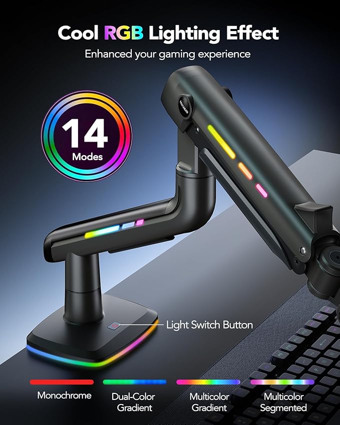 HUANUO RGB Monitor Arm for Ultrawide Screens up to 57″, Heavy-Duty Single Mount Holds 44 lbs, Fully Adjustable Gaming Monitor Arm with C-Clamp & Grommet Base, Max VESA 100 x 100mm-DeskLoop Office