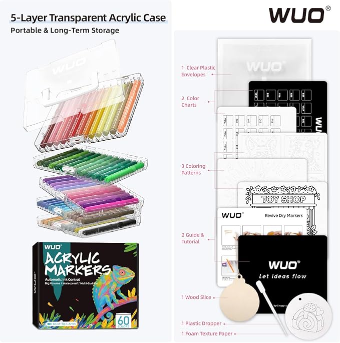 WUO 60 Colors Acrylic Paint Markers (2 Metallic), Automatic Ink Control Brush Tip for Multi-Surface, Water-Based No-Bleed Markers Acrylic Paint Pens for Rock Painting, Wood, Canvas, Glass, DIY Crafts-DeskLoop Office