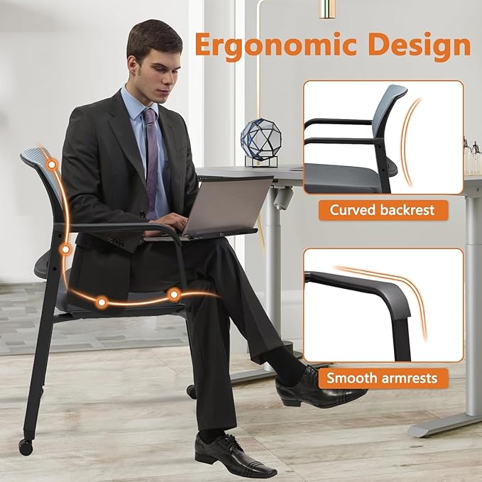 CLATINA Mesh Back Stacking Arm Chairs with Upholstered Fabric Seat and Ergonomic Lumbar Support for Office School Church Guest Reception (WithWheels Gray- 8 Pack)-DeskLoop Office