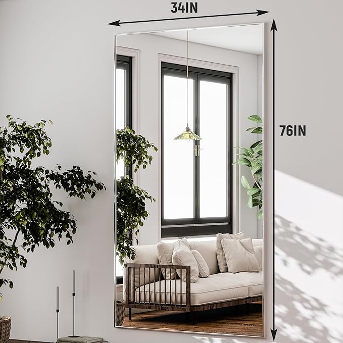GLSLAND 76"x34" Full Length Mirror Extra Large Hanging or Leaning Rectangle Mirror Aluminum Alloy Thin Frame Bedroom Floor Dressing,Silver-DeskLoop Office