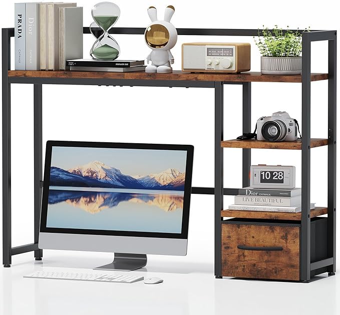 Marbrasse Desk Shelf with Drawer, Wooden Desktop Bookshelf Storage Rack by Marbrasse