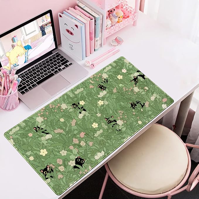 Green Desk Mat XL Cat Cute Plant Cool Desk Pad Keyboard Mat Kawaii Black Cat Flower Mouse Pad Green Desk Mat Desk Decor with Stitched Edges Non-Slip Large Computer Mat 31.5x15.7in-DeskLoop Office