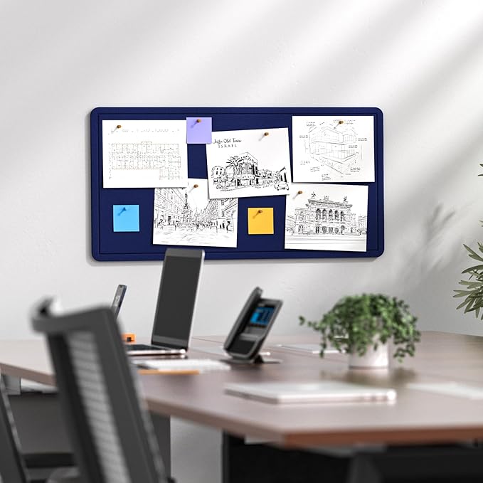 MaxGear Bulletin Board 35" x 17.5", Foldable Felt Board Vision Board Supplies, Cork Board for Office, Home, School, Small Pin Boards for Walls Decorative Picture Framed Display Board Dark Blue-DeskLoop Office