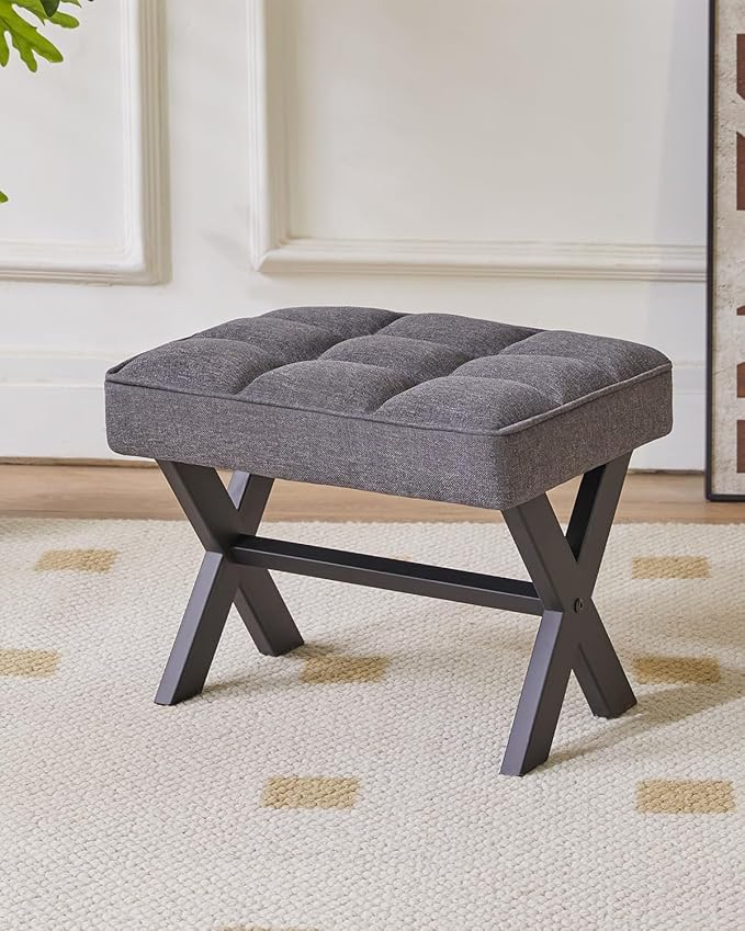 IBUYKE Small 12" H Footrest, Square Linen Foot Stool with Metal X-Leg, Multi-Use as Small Side Table, Step Stool for Living Room, Bedroom, Entryway, Office, Dark Gray WBD011G-DeskLoop Office