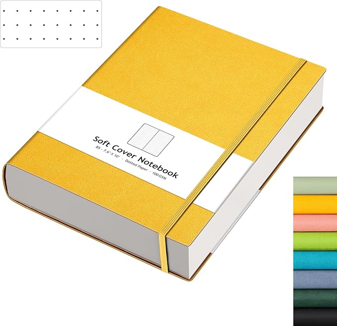 AHGXG Bullet Dotted Journal - 320 Pages Dot Grid Notebook B5 Large Journal, 7.6'' X 10'', 100gsm Thick Dotted Paper, Leather Softcover, with Journal Stencils, Inner Pocket - Yellow-DeskLoop Office