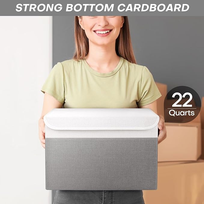 Large 22 Quart Linen Fabric Foldable Storage Bin Cube Organizer Basket with Flip-Top Lid & Handles, Clothes Blanket Box for Home, Office, Closet, Gray & White, 4 Pack 14.6 x 9.5 x 9.5”-DeskLoop Office