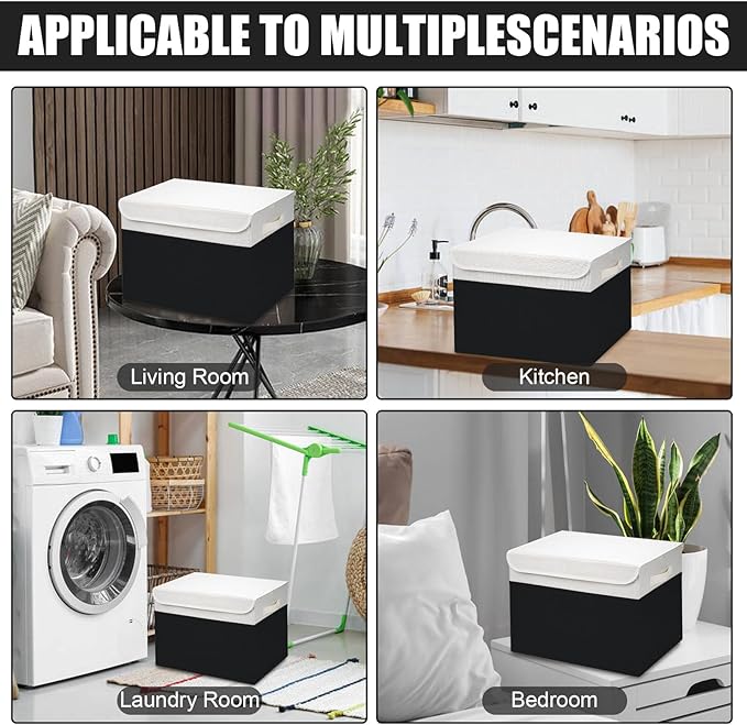 Large 17" 42 Quarts Collapsible Stackable Storage Bins with Lids [3-Pack] Foldable Fabric Linen Storage Boxes Cube, Closet Organizer Baskets with Label for Home (16.7 x 12 x 12", Black & White)-DeskLoop Office