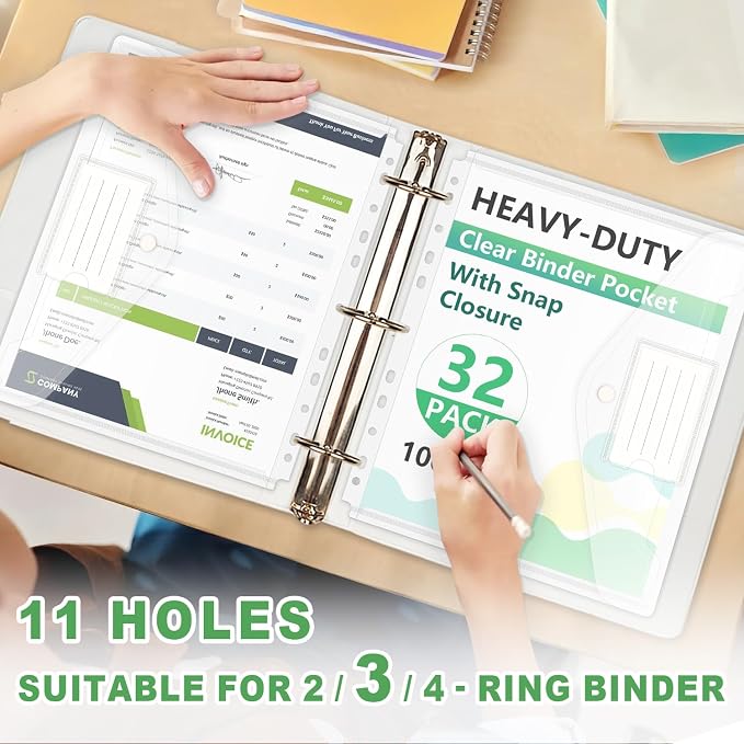 HOUYEE 32 Pack Clear Binder Pocket, 11 Holes Heavy-Duty Plastic Binder Pouch - Image 5