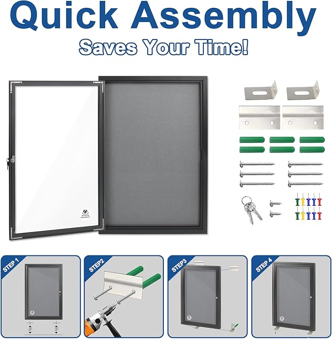 Lockable Outdoor Enclosed Bulletin Board,Weatherproof Cork Noticeboard with Locking Door, Wall-Mounted Aluminum Frame Display Case for Office, Home, School (Black Frame | Greyfelt Surface, 36x24 inch)-DeskLoop Office