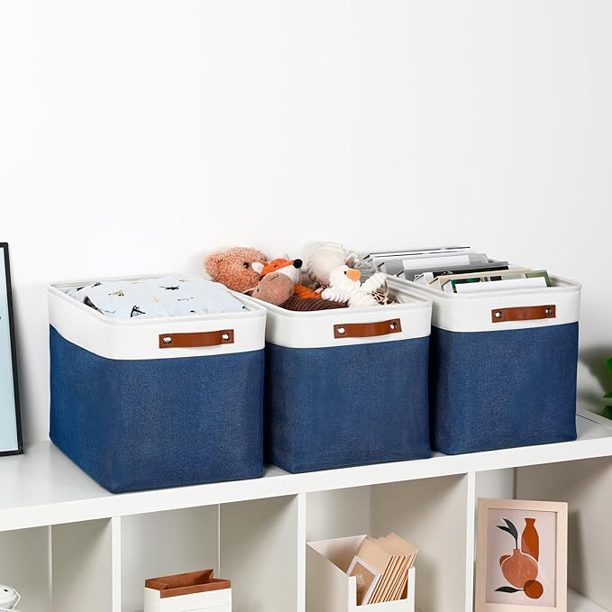 DULLEMELO Large Storage Baskets with Leather Handles for Linen Closet and Home Office, Decorative Baskets for Toys Storage (White & Blue)-DeskLoop Office