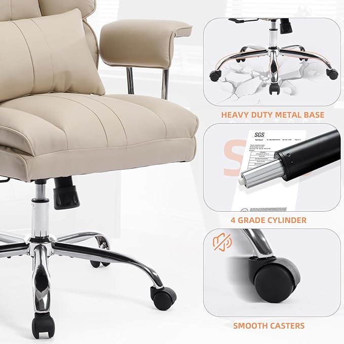 Big and Tall Office Chair 500lbs Wide Seat Executive Office Desk Chair High-Back Office Task Chair, Ergonomic Lumbar Support Computer Office Chairs for Heavy People(Beige)-DeskLoop Office