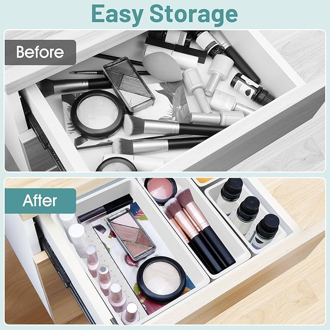 WOWBOX 25 PCS Plastic Drawer Organizer Set, 4 Sizes Desk Drawer Divider Organizers and Storage Bins for Makeup, Jewelry, Gadgets for Kitchen, Bedroom, Bathroom, Office, White-DeskLoop Office