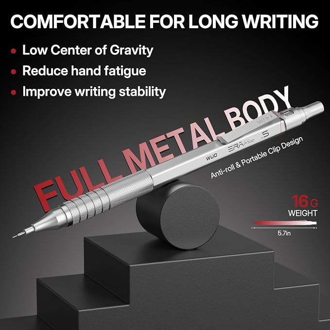 WUO 0.5mm Mechanical Pencil Set, 3 Silver Metal Drafting Pencils - Image 4