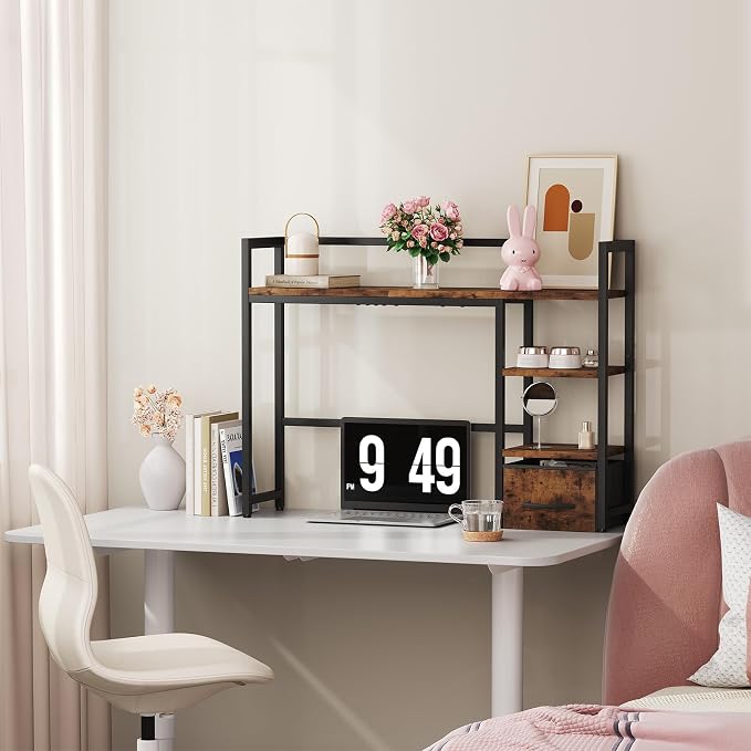 Marbrasse Desk Shelf with Drawer, Wooden Desktop Bookshelf Storage Rack - Image 6