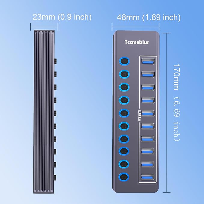 Powered 10-Port USB 3.0 Hub, USB C to 10 Ports USB Data Hub Splitter with Individual LED On/Off Switche, 3.3FT Cable, 12V/3A Power Adapter, for Laptop MacBook Pro/Air PC (Aluminum Gary)-DeskLoop Office